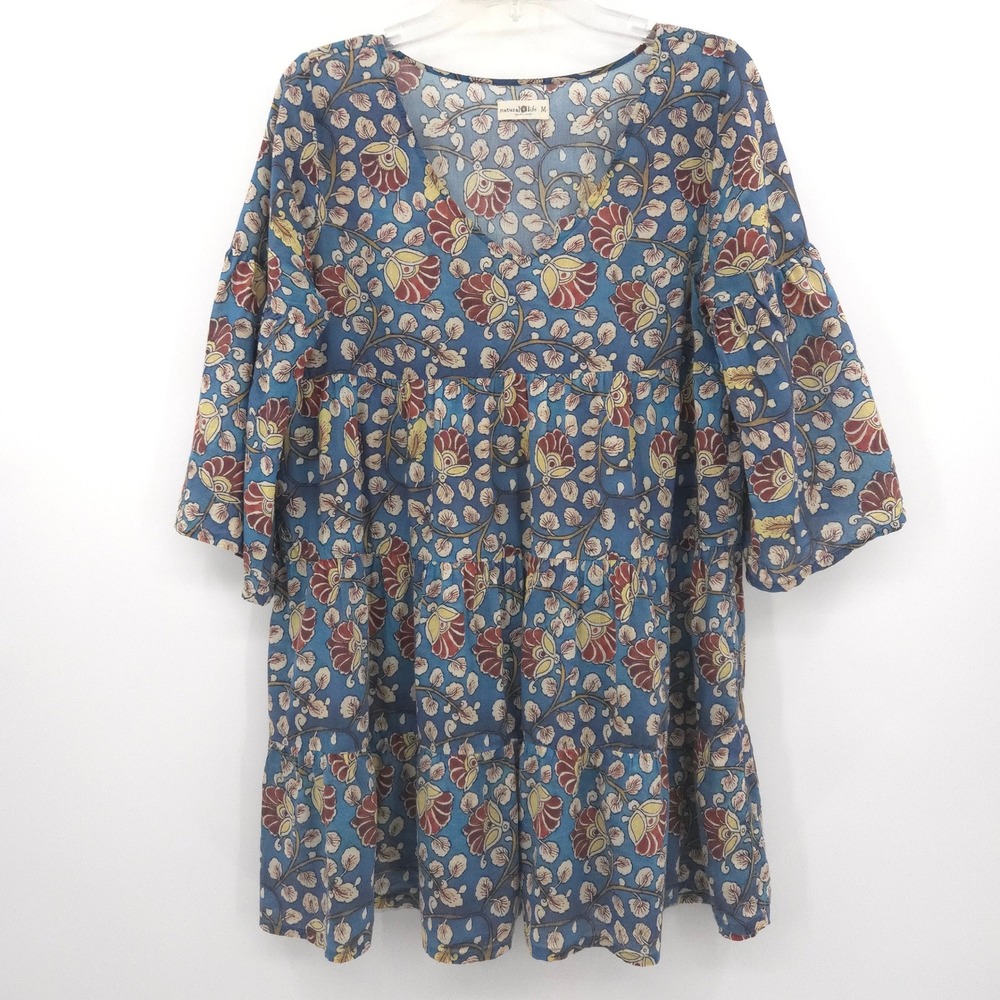 Natural Life Dress Womens Medium Blue Floral Tiered Babydoll Bell Sleeve V-Neck